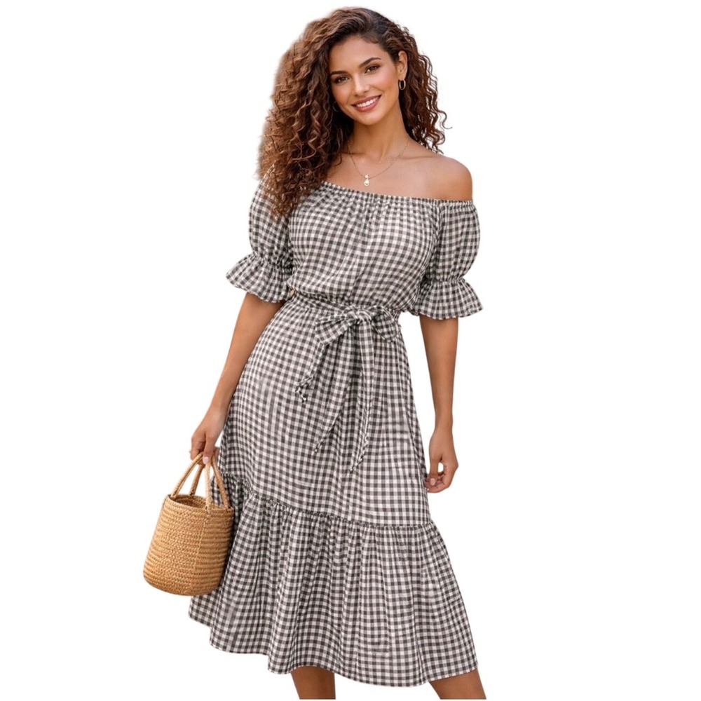 Aura Women's Gingham Off Shoulder Midi Dress Black White Checkered Small